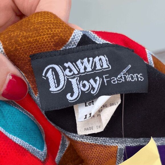 Vintage 80s Dawn Joy Abstract Print Midi Dress - Vibrant Rayon Statement Piece - Picture 2 of 8